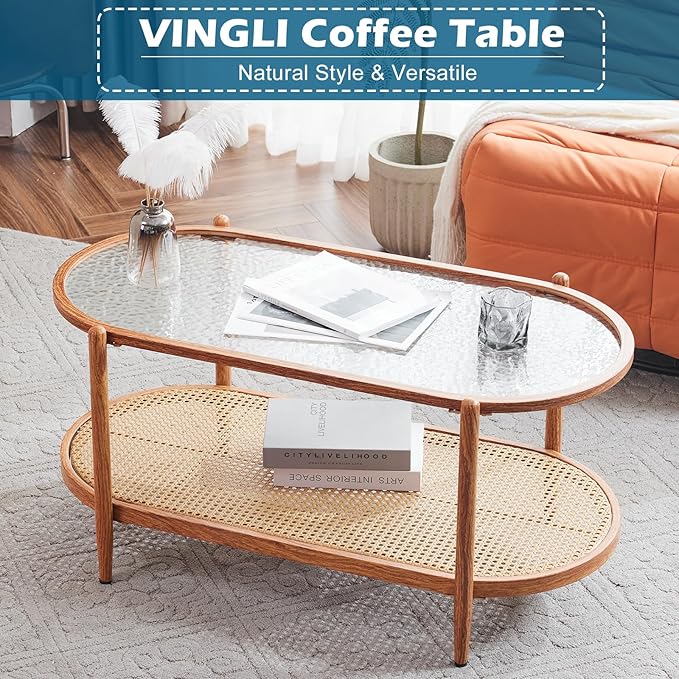 VINGLI 38" Rattan Oval Coffee Table, Water-Wave Glass Metal Center Table, Modern Coffee Table with 2-Tier Storage, Farmhouse Coffee Table for Living Room and Small Space, Natural Vibe