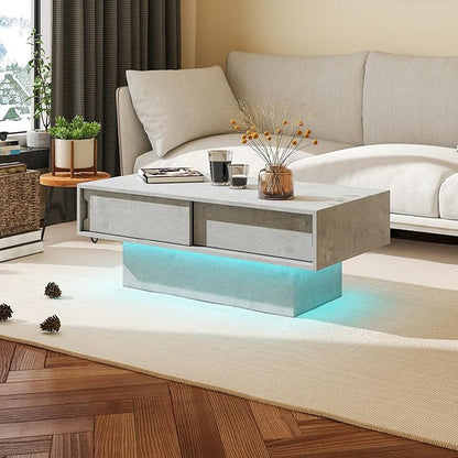 LED Coffee Table with Storage, Rectangular Center Table for Living Room, Modern High Glossy Farmhouse Grey Coffee Table with 16 Colors LED Lights, Wooden Living Room Table