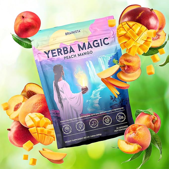 Yerba Mate Instant Tea Powder, 3-in-1 Super Drink - Clean Energy, Brain Fog Buster, and Gut Health Powered by Nootropics, Prebiotics and Probiotics | Yerba Magic Peach Mango 30 Servings