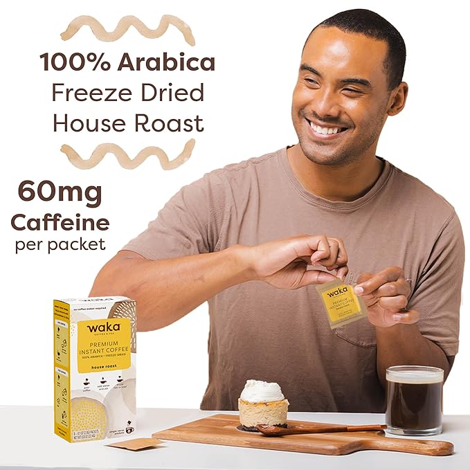 Waka Premium Instant Coffee Sachets — 100% Arabica Freeze Dried Beans — For Hot or Iced Coffee (8 Count, House Roast)