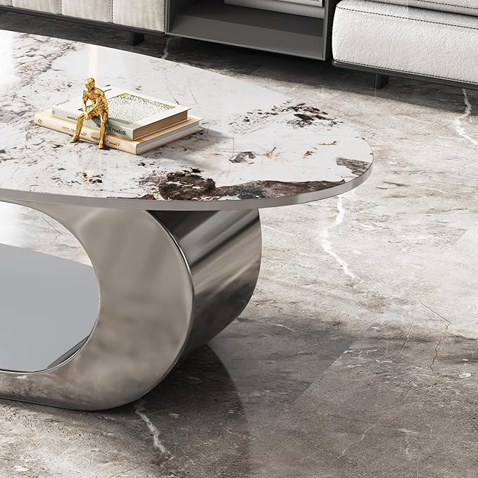 Marble Grain Coffee Table with Silver Stainless Steel Pedestal,Modern Coffee Tables,Oval Living Room Table with Faux Marble Top & Luxury Legs,Sintered Stone Cocktail Center Table,51.20inch