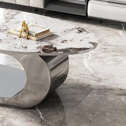 Marble Grain Coffee Table with Silver Stainless Steel Pedestal,Modern Coffee Tables,Oval Living Room Table with Faux Marble Top & Luxury Legs,Sintered Stone Cocktail Center Table,51.20inch