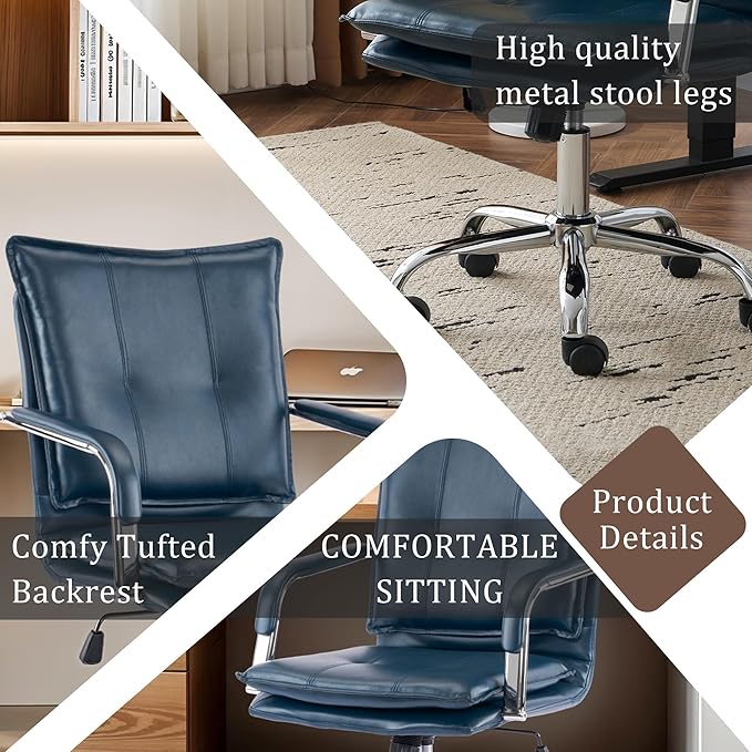 Mid-Back Ergonomic Leather Office Chair, Modern Upholstered Executive Desk Chair with Gold Frame Armrest Computer Task Chair (Dark Blue &Silver Legs)
