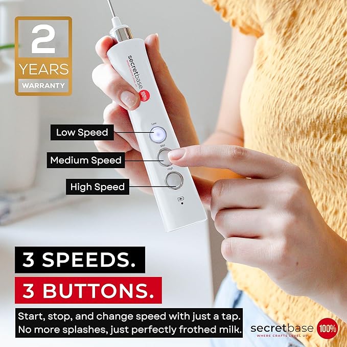 Secretbase 3 Speed Rechargeable Milk Frother, Pitcher, Charging Base - Handheld Mixer for Latte, Drinks, Matcha - Includes Cup, Electric Stirrer, Double-Whisk Frother for Coffee, Egg Beater (White)