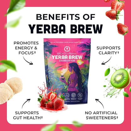 Yerba Mate Instant Tea Powder - Strawberry Kiwi, 4-in-1 Functional Blend, Supports Energy, Focus and Gut Health - Nootropic, Prebiotic & Probiotic Mix with Vitamin B3, B6 & B12 | 30 Servings