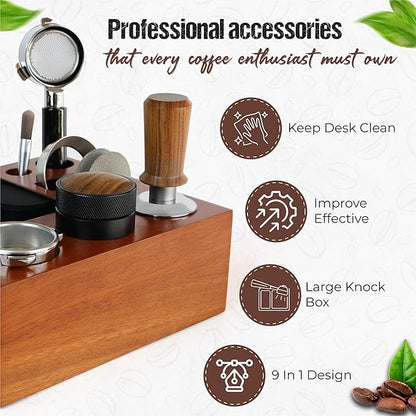 Espresso Knock Box & Tamping Station - Coffee Organizer Box for 51-54mm Tamper, Distributor, Dosing Funnel, Portafilter & Puck Screen Accessories - Includes Cleaning Brush
