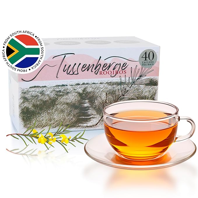 Tussenberge Organic Rooibos Tea Bags – Premium South African Red Bush Herbal Tea, Smooth & Full-Bodied Flavor, Naturally Caffeine-Free, 40 Tagless Tea Bags