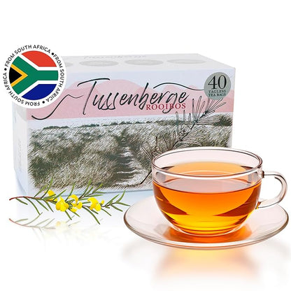 Tussenberge Organic Rooibos Tea Bags – Premium South African Red Bush Herbal Tea, Smooth & Full-Bodied Flavor, Naturally Caffeine-Free, 40 Tagless Tea Bags