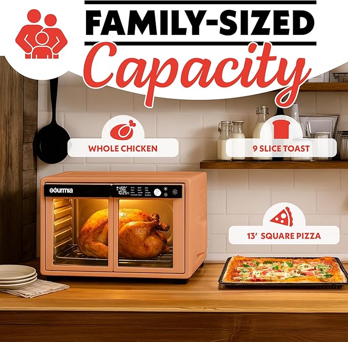 Gourmia French Door Digital Air Fryer Oven - XL 37QT Capacity, 12 Presets, FryForce 360° Tech, Dehydrate, Proof, Slow Cook, Fits 13” Pizza, 1700W, Peach