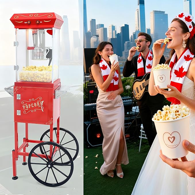 Popcorn Machine with Cart & Wheels - Stainless Steel 8OZ Kettle Pop corn Maker Machine for Home, Theater, Parties Grade Electric Popper, Red