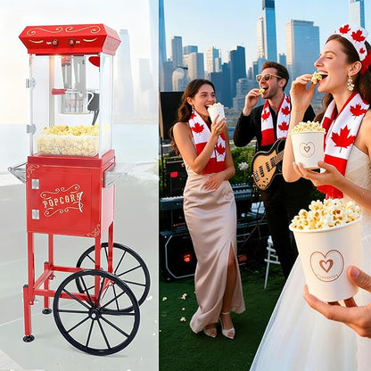Popcorn Machine with Cart & Wheels - Stainless Steel 8OZ Kettle Pop corn Maker Machine for Home, Theater, Parties Grade Electric Popper, Red