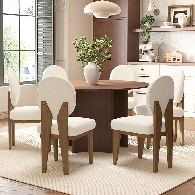 Mid-Century Modern Walnut Dining Chairs Set of 6, Vintage White Wooden Kitchen Chairs, Retro Upholstered Linen Cushioned Seat with Curved Backrest, Armless Accent Side Chair for Bedroom