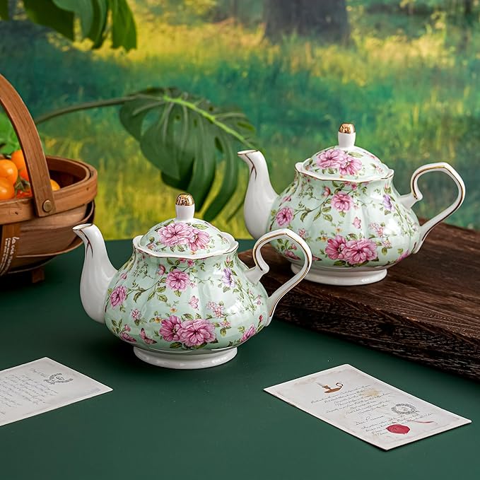 Flower Ceramic Teapot,22oz Porcelain Tea pot for Tea Coffee Milk for Office Home Men Women as Gift (Green)