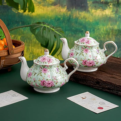 Flower Ceramic Teapot,22oz Porcelain Tea pot for Tea Coffee Milk for Office Home Men Women as Gift (Green)