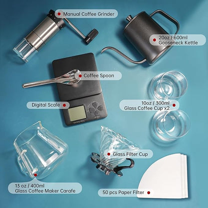 SuperCook Hand Drip Pour Over Coffee Set, All in One Includes Gooseneck Kettle, V60 Glass Dripper, Paper Filter, Cups, Manual Grinder, Scale, Ideal for Anniversary Birthday Gift