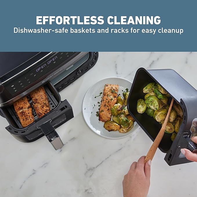 West Bend Double Up Air Fryer Dual Basket 10-Quart Capacity with Digital Controls View Windows and 15 Cooking Presets, Nonstick Frying Baskets, Dual-Zone Cooking, 1600-Watts, Black