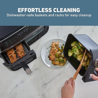 West Bend Double Up Air Fryer Dual Basket 10-Quart Capacity with Digital Controls View Windows and 15 Cooking Presets, Nonstick Frying Baskets, Dual-Zone Cooking, 1600-Watts, Black