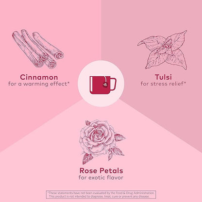 ORGANIC INDIA Tulsi Cinnamon Rose Tea Bags - Tulsi Rose Tea Bags, Cinnamon Tea Bags with Holy Basil, Chamomile, Stevia, USDA Certified Organic Caffeine Free Herbal Tea - 18 Infusion Bags, 6 Pack