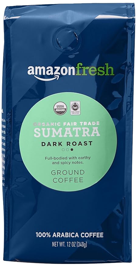 Amazon Fresh Organic Fair Trade Sumatra Ground Coffee, Dark Roast, 12 Ounce