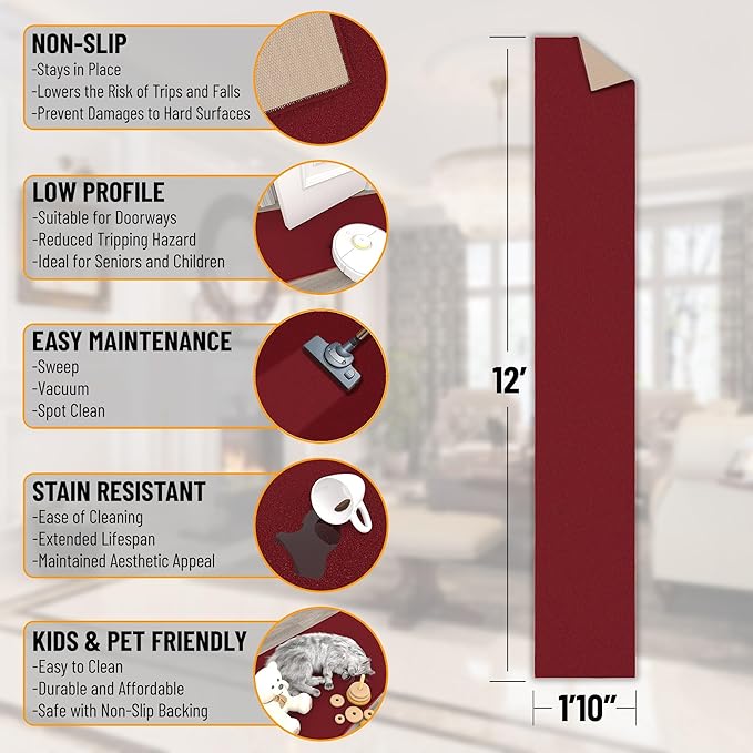 Ottomanson Hallway Runner Rug 1'10" x 12' Non Slip Solid Area Rugs Easy to Clean Laundry Rug Runner Durable & Pet Friendly Floor Carpet Runners for Hallways Entryway Living Room Kitchen, Red