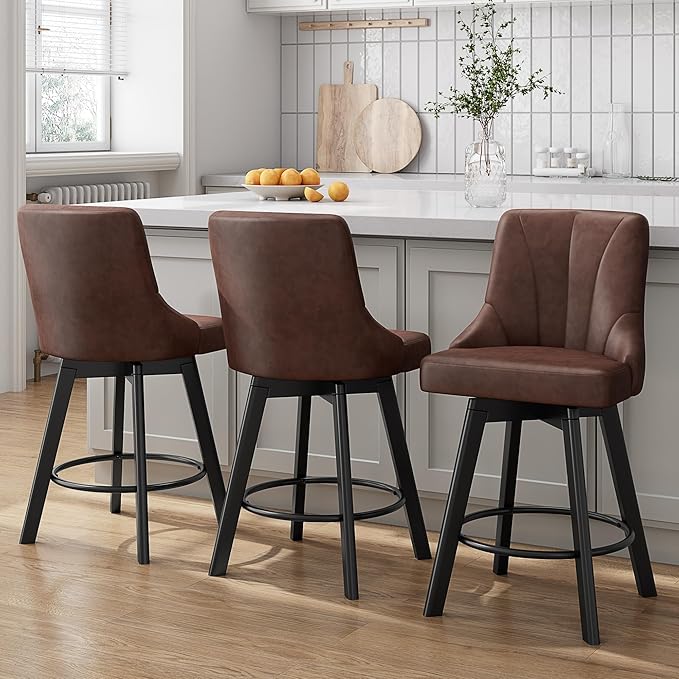 Swivel Bar Stools with Backs, 24" Counter Height Barstools Set of 6, Fabric Upholstered Counter Bar Stools with Solid Wood Legs for Kitchen Island, Home Bar, Brown