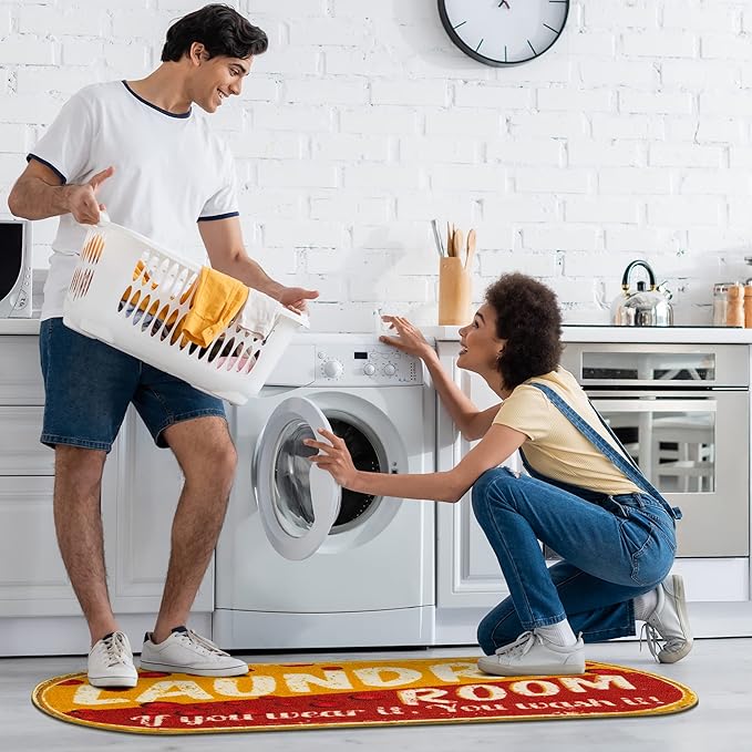 Ottomanson 20" x 59" Oval Laundry Room Rug - Non-Slip Mat for Laundry & Mudroom - Durable, Stain-Resistant, and Easy to Clean - Perfect for High-Traffic Areas - Runner Rug for Entryway, Yellow/Red