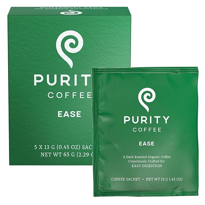Purity Coffee EASE Dark Roast Low Acid Organic Coffee - USDA Certified Organic Specialty Grade Arabica Single-Serve Packets - Third Party Tested for Mold, Mycotoxins and Pesticides - 5 ct Box