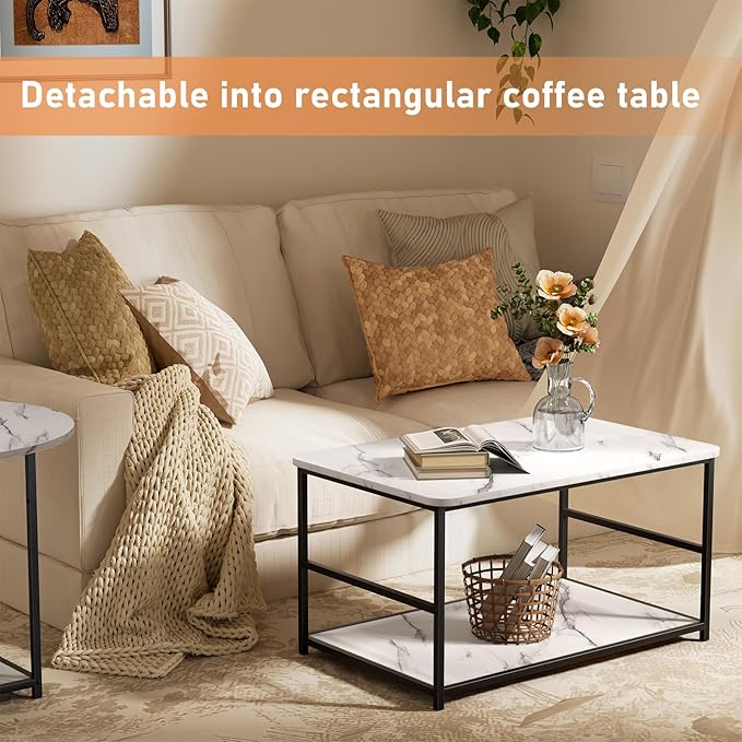 WOHOMO 48IN Faux Marble Wood Coffee Table with Adjustable Shelf, White Nesting Tables 2 in 1, Small Coffee Tables for Living Room