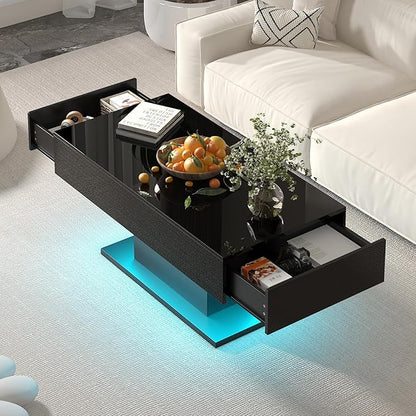 Black Led Coffee Table with 2 Storage Drawers for Living Room, Living Room Table Rectangular Center Table, Modern High Glossy Wooden Coffee Tables with Lights for Dining Reception Room