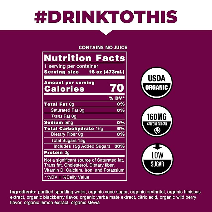 CLEAN Cause Low Calorie Blackberry USDA Organic Sparkling Yerba Mate Tea (16oz cans, 12-Pack Case) Low Sugar, 160mg Caffeine, Healthy Alternative to Soda & Energy Drinks.