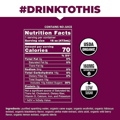 CLEAN Cause Low Calorie Blackberry USDA Organic Sparkling Yerba Mate Tea (16oz cans, 12-Pack Case) Low Sugar, 160mg Caffeine, Healthy Alternative to Soda & Energy Drinks.