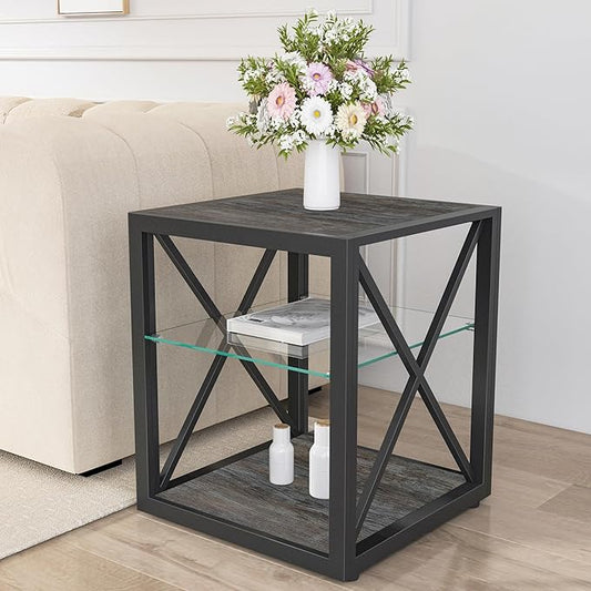 Rustic End Table for Living Room 17.7" Bedroom Nightstand, Modern Tempered Glass Shelf & Wood MDF Top Square Side Table 1 Piece, Industrial Style Grey