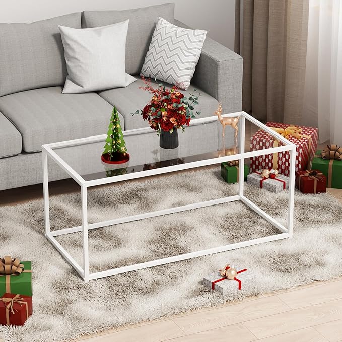 Coffee Table Glass Center Table,Modern Minimalist Coffee Table for Living Room,Tempered Glass-top with Sturdy Metal Frame, Easy Assembly,39.4 x 18.9 x 17.7 Inches,White