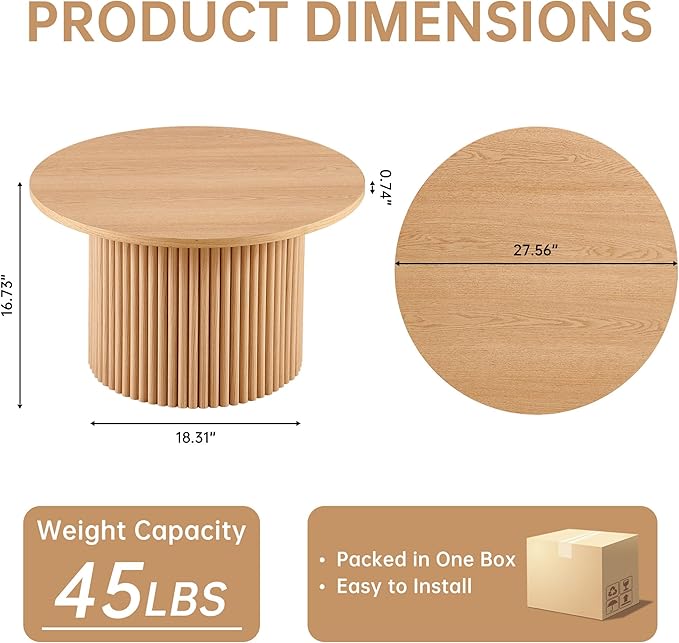 NORDICANA Single Accent Round Coffee Table, 27.5 Inch Wide 16.7 Inch Tall Oak Color Farmhouse Center Table for Living Room, Manufactured Wood Top with Oak Veneer 16.7 Height Tall