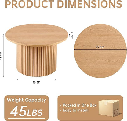 NORDICANA Single Accent Round Coffee Table, 27.5 Inch Wide 16.7 Inch Tall Oak Color Farmhouse Center Table for Living Room, Manufactured Wood Top with Oak Veneer 16.7 Height Tall
