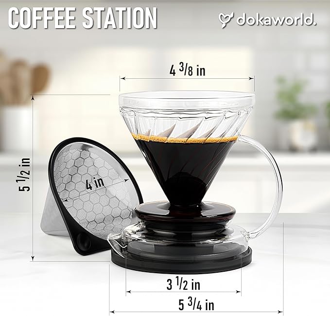 Pour Over Coffee Maker – Borosilicate Glass Dripper with Stainless Steel Reusable Filter, Manual Eco Brewer, Plastic-Free Non-Toxic Coffee Station, Innovation Infuser for Daily Brewing
