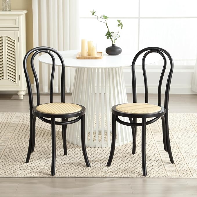 Kmax Vintage Dining Chairs Set of 4, Thonet Soild Wood Rattan Dining Room Chairs Armless French Country Kitchen Chairs for Wedding Hotel Dessert Shop Cafe Business, Black