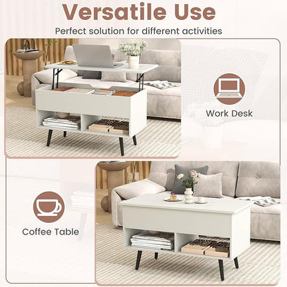 Tangkula Lift Top Coffee Table, Modern Cocktail Table with Hidden Compartment & 2 Open Shelves, Flip Top Center Table, Wooden Pull up Coffee Table for Living Room, Reception Room, Office (White)