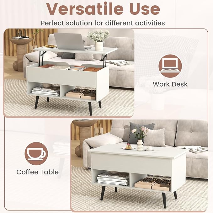 Tangkula Lift Top Coffee Table, Modern Cocktail Table with Hidden Compartment & 2 Open Shelves, Flip Top Center Table, Wooden Pull up Coffee Table for Living Room, Reception Room, Office (White)