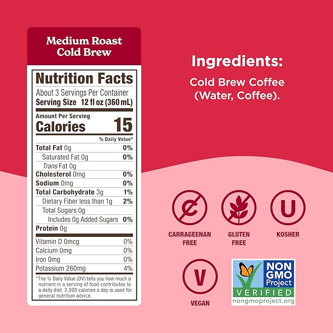 Califia Farms - Pure Black Medium Roast Cold Brew Coffee, 32 Oz (Pack of 6), 100% Arabica, Shelf Stable, Plant Based, Vegan, Gluten Free, Non GMO, Sugar Free, Iced Coffee