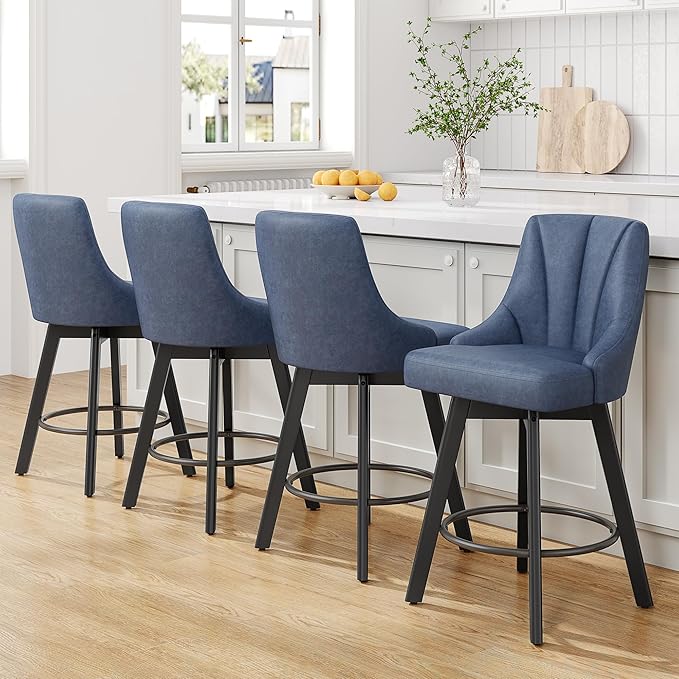 Swivel Bar Stools with Backs, 24" Counter Height Bar Stools Set of 3, Fabric Upholstered Counter Barstools with Solid Wood Legs for Kitchen Island, Home Bar, Blue
