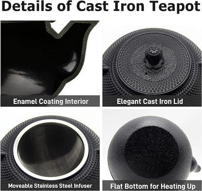 YJX 40.6 fl oz Cast Iron Teapot Set, Japanese Tetsubin Tea Set with Cast Iron Teacups, Small Tea Kettle Set with Strainer for Loose Tea, Enameled Interior (1200ml Tea Set with Cups and Saucers)
