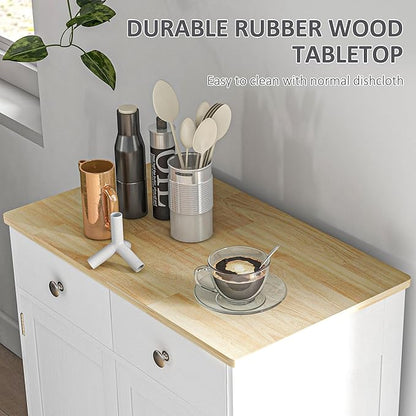 HOMCOM Sideboard with Solid Wood Countertop, Modern Kitchen Storage Cabinet, Coffee Bar Cabinet with 2 Drawers, Doors and Adjustable Shelf, Distressed White