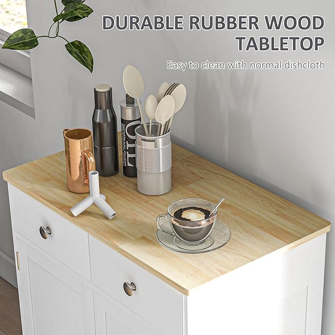 HOMCOM Sideboard with Solid Wood Countertop, Modern Kitchen Storage Cabinet, Coffee Bar Cabinet with 2 Drawers, Doors and Adjustable Shelf, Distressed White