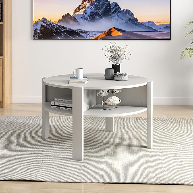 Giantex Round Coffee Table, 2-Tier Mid Century Modern Tea Cocktail Table with Storage Shelves & 4 Side Compartments, Wood Center Table for Living Room, Small Spaces (White)
