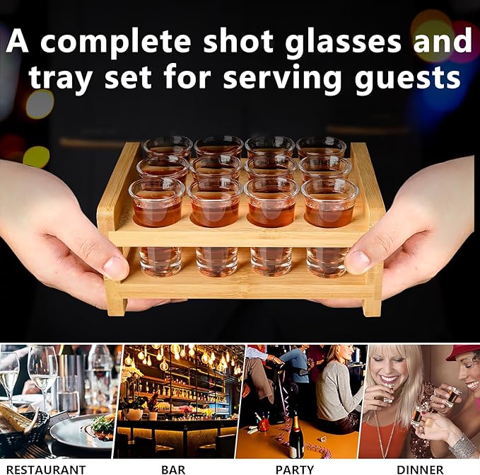 Shot Glasses and Holder Mini Shot Glasses Set 0.5oz-0.66oz / 15ml-20ml Set of 12 Shot Glass Stand Tray Clear Glass for Party Club Bar Home Restaurant Kitchen Barware Glassware Drinking Tool