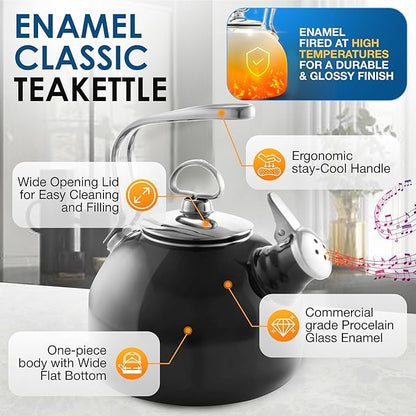 Chantal Classic Teakettle, 1.8 QT, Enamel On Steel, 2-Tone Harmonica Whistle, Rapid Boil and Even Heating (Black)
