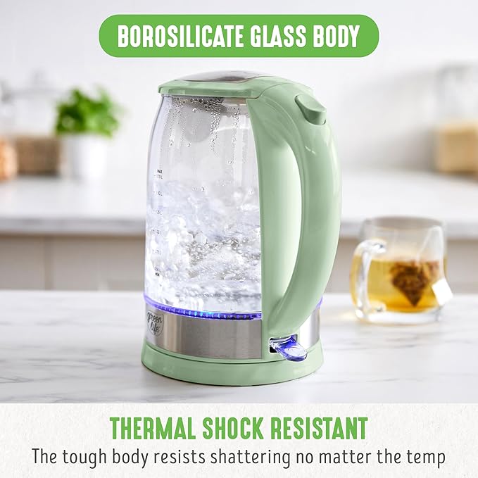 GreenLife 1.7 Liter Glass Electric Kettle, Easy One Touch Use, Quick Heating, Filtered Spout, LED Base, Auto Shut-Off, Cordless Serving, Coffee and Tea, Sage Green