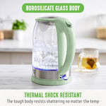Load image into Gallery viewer, GreenLife 1.7 Liter Glass Electric Kettle, Easy One Touch Use, Quick Heating, Filtered Spout, LED Base, Auto Shut-Off, Cordless Serving, Coffee and Tea, Sage Green