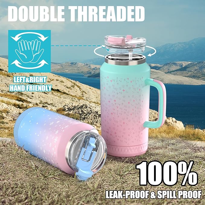 Hydraful 64 oz Tumbler with Handle and Straw - 100% Leak-Proof - Insulated Cup Reusable Stainless Steel Large Water Bottle Travel Mug for Gym, Hiking, and Camping - Gifts for Women Men Him Her